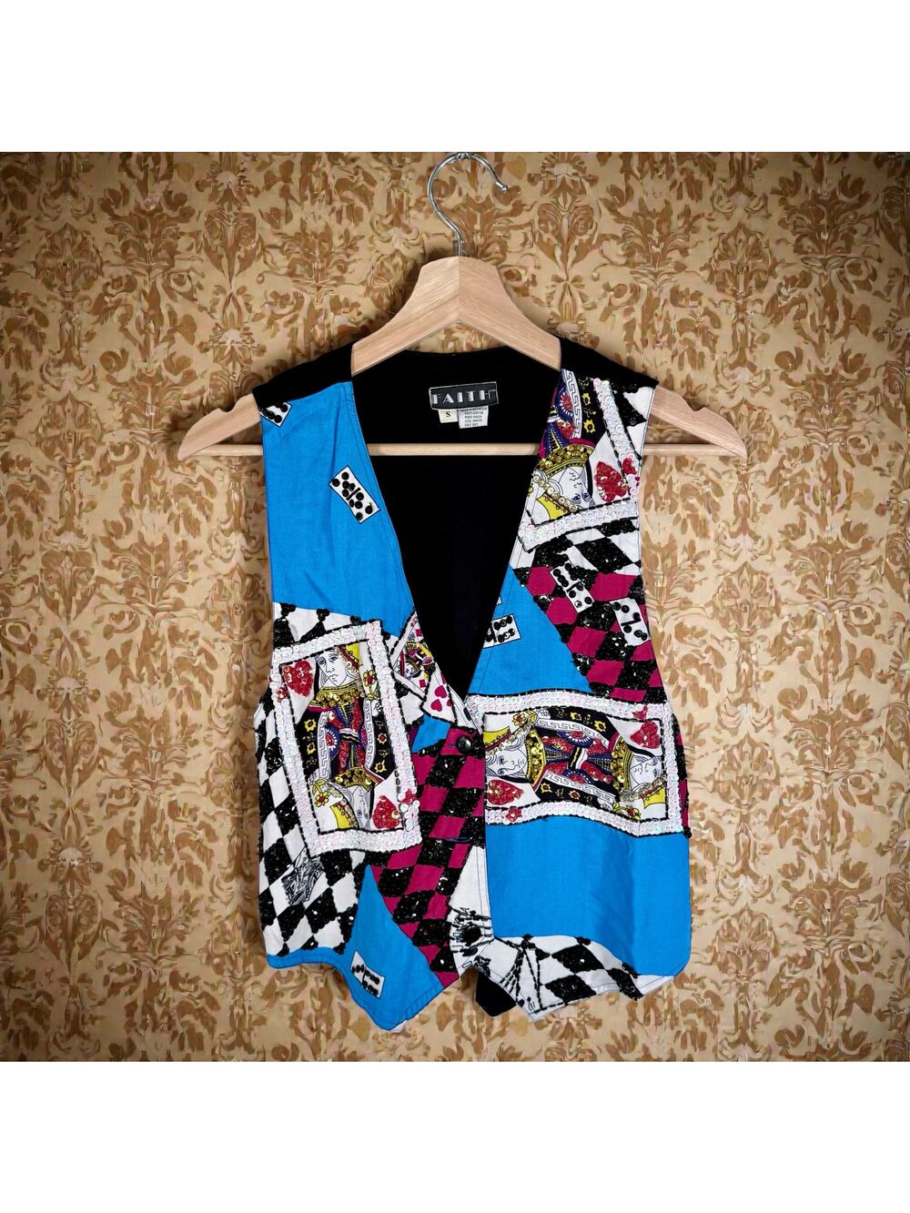 Faith VTG Women's Small Sequined Playing Card Lightweight Button Front Vest